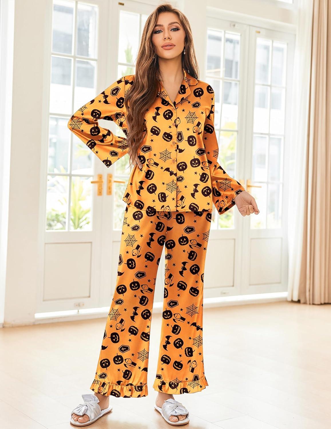 imageEkouaer Silk Satin Pajamas Set Womens Long Sleepwear Button Down 2 Piece Classic Soft Loungewear Pjs SetHalloween