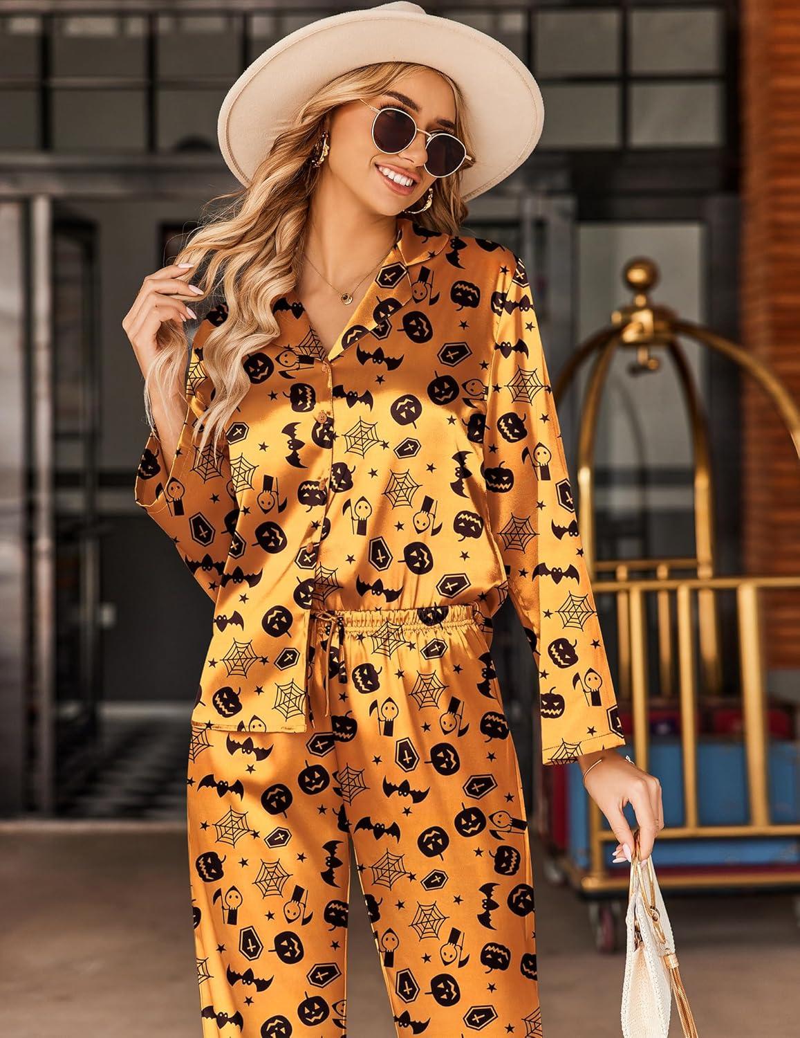 imageEkouaer Silk Satin Pajamas Set Womens Long Sleepwear Button Down 2 Piece Classic Soft Loungewear Pjs SetHalloween