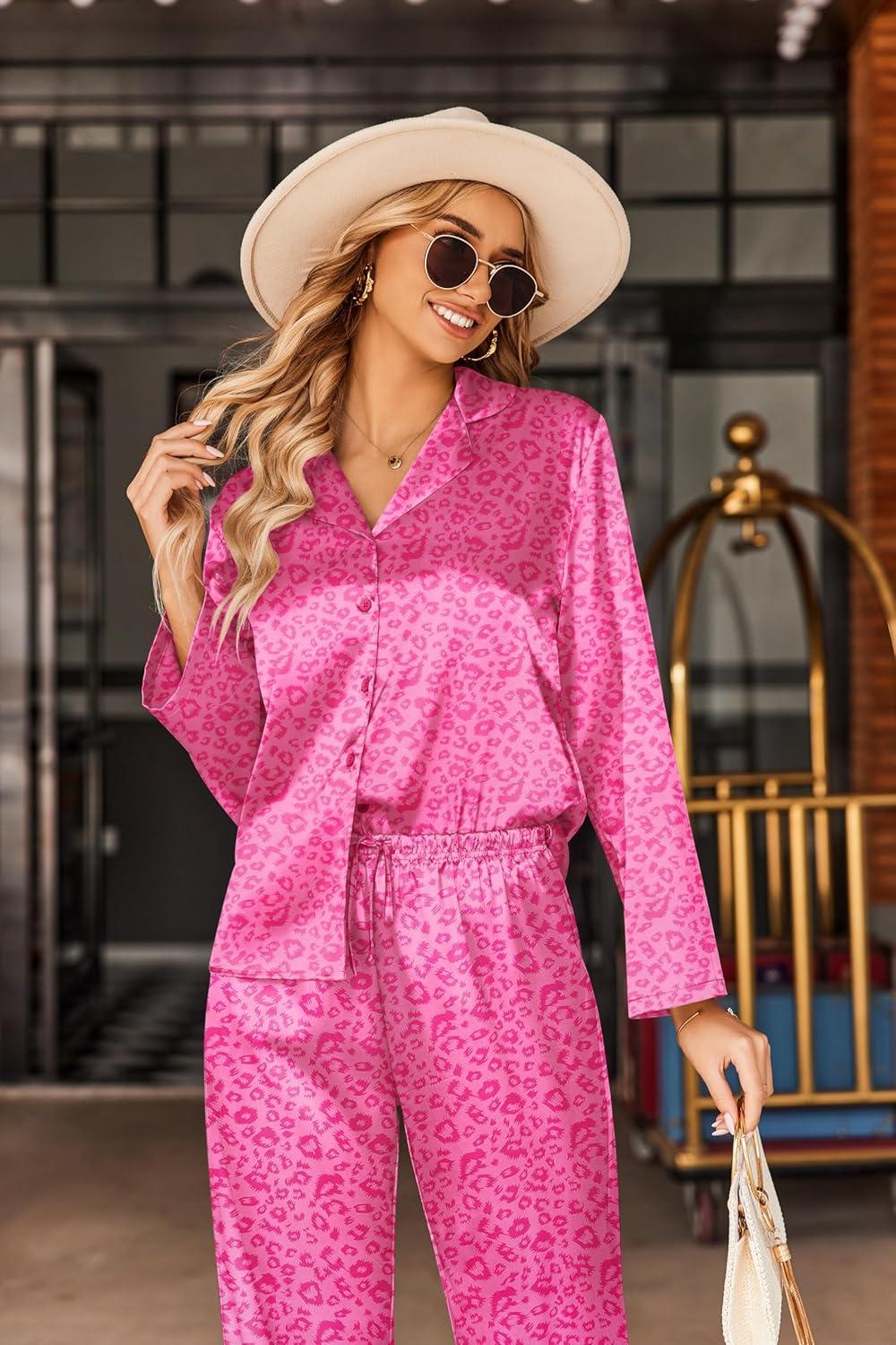 imageEkouaer Silk Satin Pajamas Set Womens Long Sleepwear Button Down 2 Piece Classic Soft Loungewear Pjs SetHot Pink Leopard