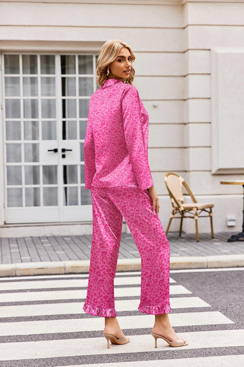 imageEkouaer Silk Satin Pajamas Set Womens Long Sleepwear Button Down 2 Piece Classic Soft Loungewear Pjs SetHot Pink Leopard