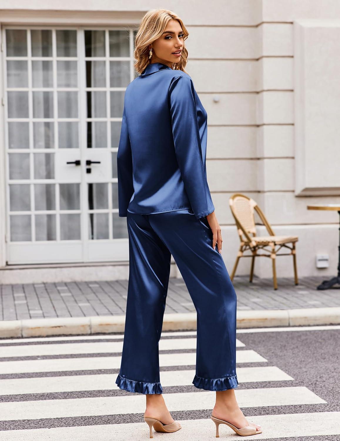 imageEkouaer Silk Satin Pajamas Set Womens Long Sleepwear Button Down 2 Piece Classic Soft Loungewear Pjs SetNavy Blue