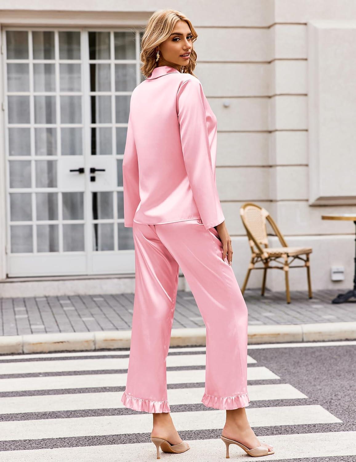 imageEkouaer Silk Satin Pajamas Set Womens Long Sleepwear Button Down 2 Piece Classic Soft Loungewear Pjs SetPink