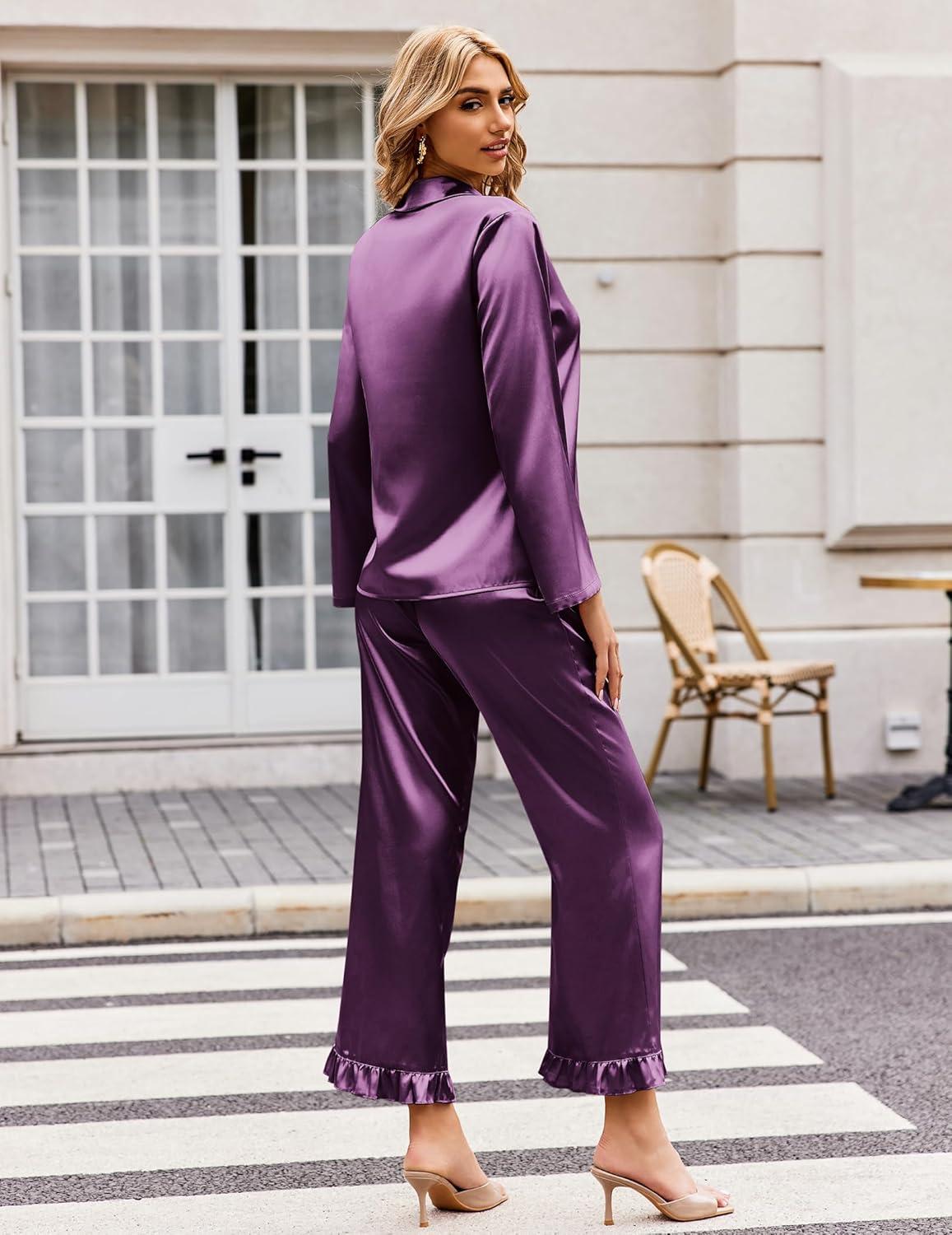 imageEkouaer Silk Satin Pajamas Set Womens Long Sleepwear Button Down 2 Piece Classic Soft Loungewear Pjs SetPurple