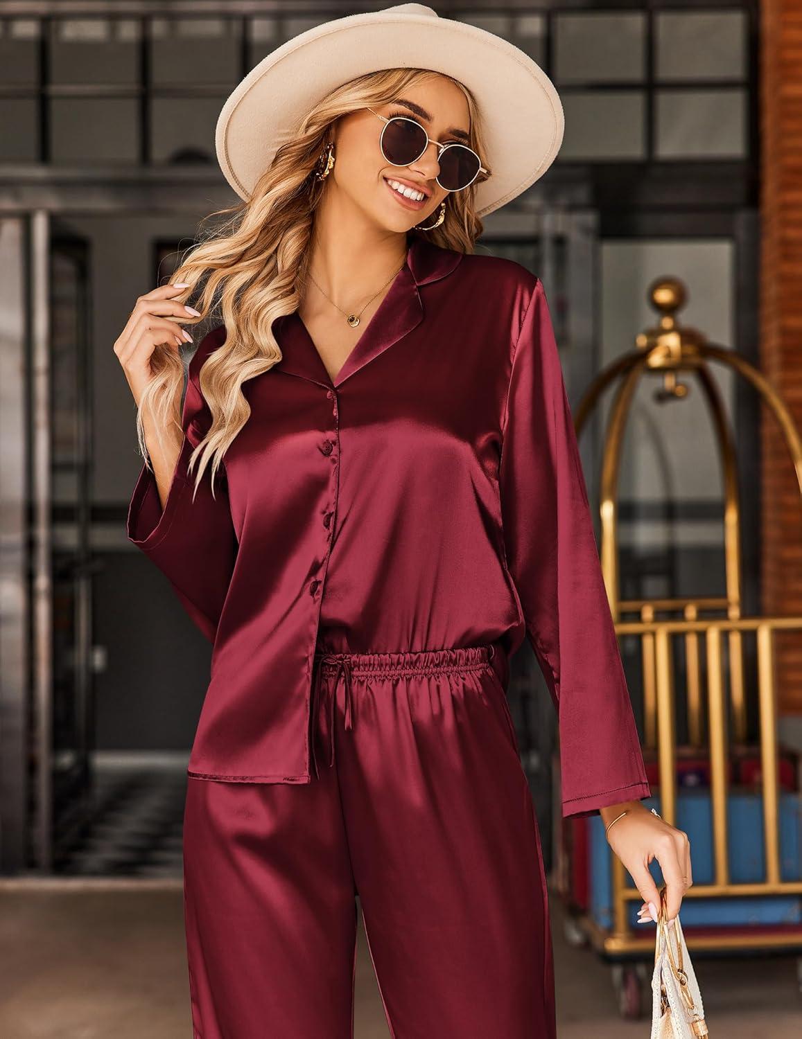 imageEkouaer Silk Satin Pajamas Set Womens Long Sleepwear Button Down 2 Piece Classic Soft Loungewear Pjs SetWine Red
