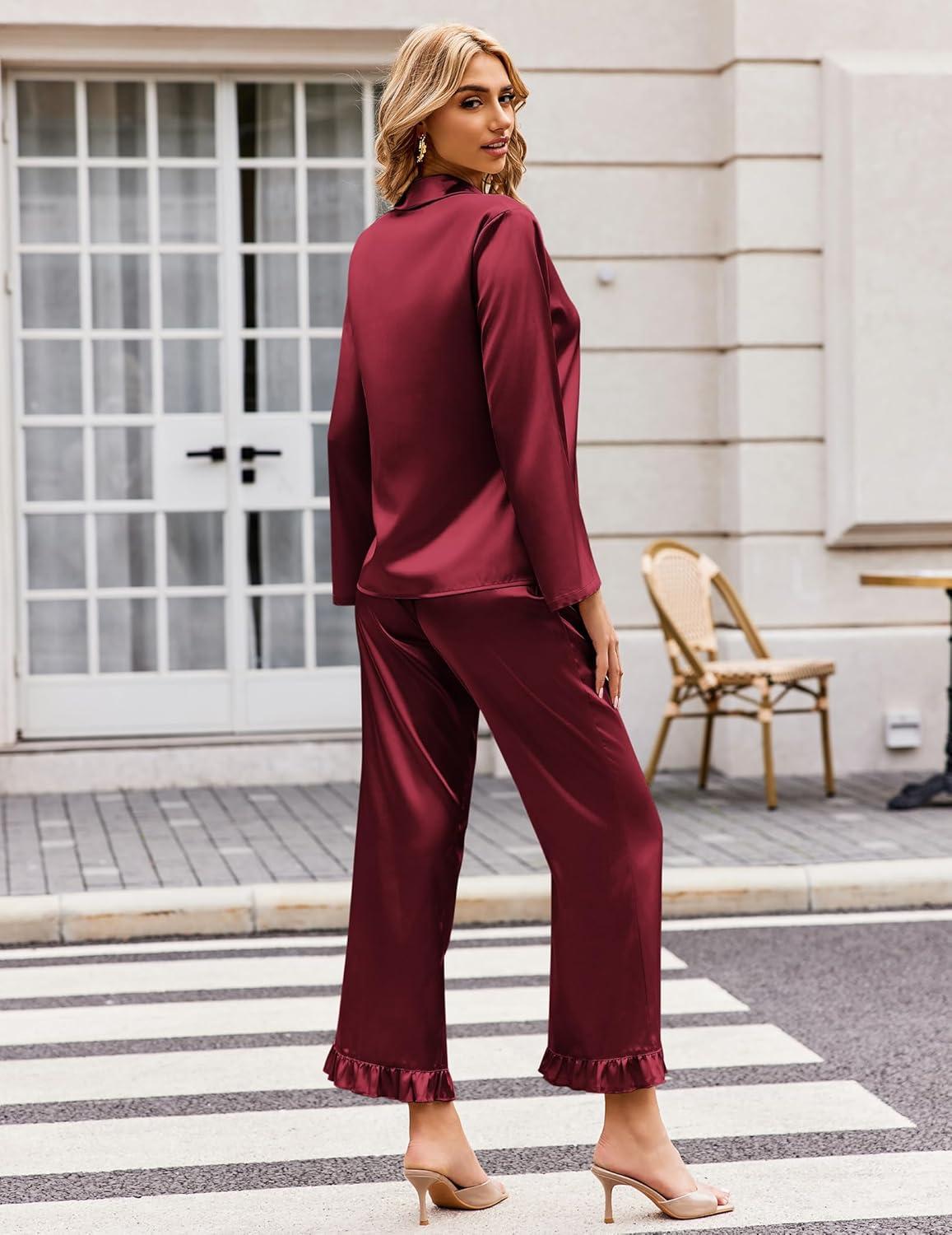 imageEkouaer Silk Satin Pajamas Set Womens Long Sleepwear Button Down 2 Piece Classic Soft Loungewear Pjs SetWine Red
