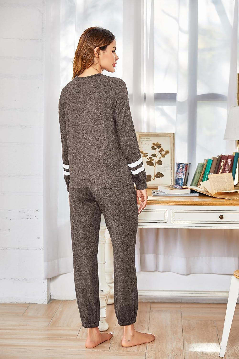 imageEkouaer Sweatsuits Womens Loungewear Set Tracksuit Long Sleeve Pajamas Set with Pockets 2 Piece Outfits Lounge SetsBrown