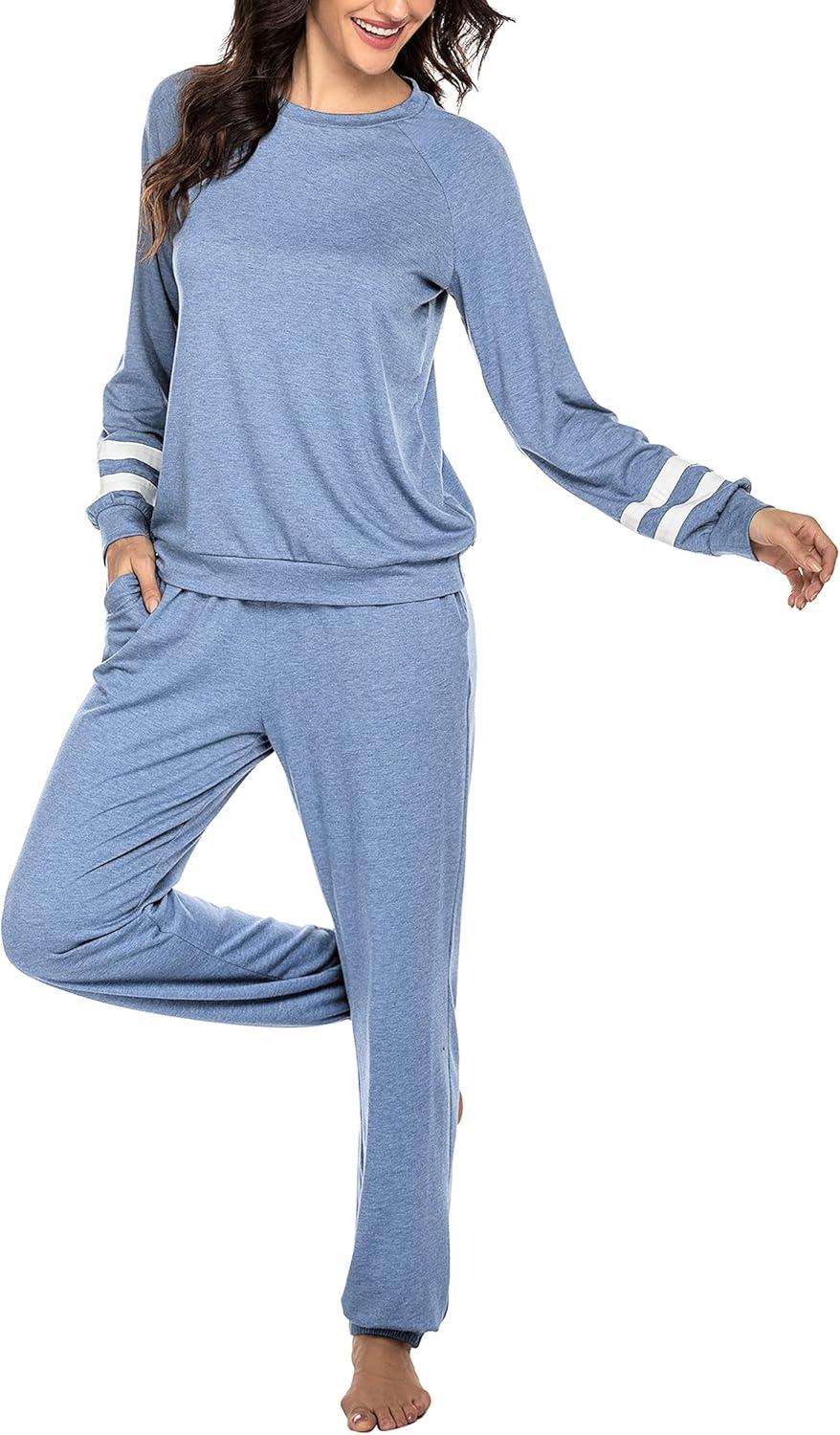 imageEkouaer Sweatsuits Womens Loungewear Set Tracksuit Long Sleeve Pajamas Set with Pockets 2 Piece Outfits Lounge SetsClear Blue