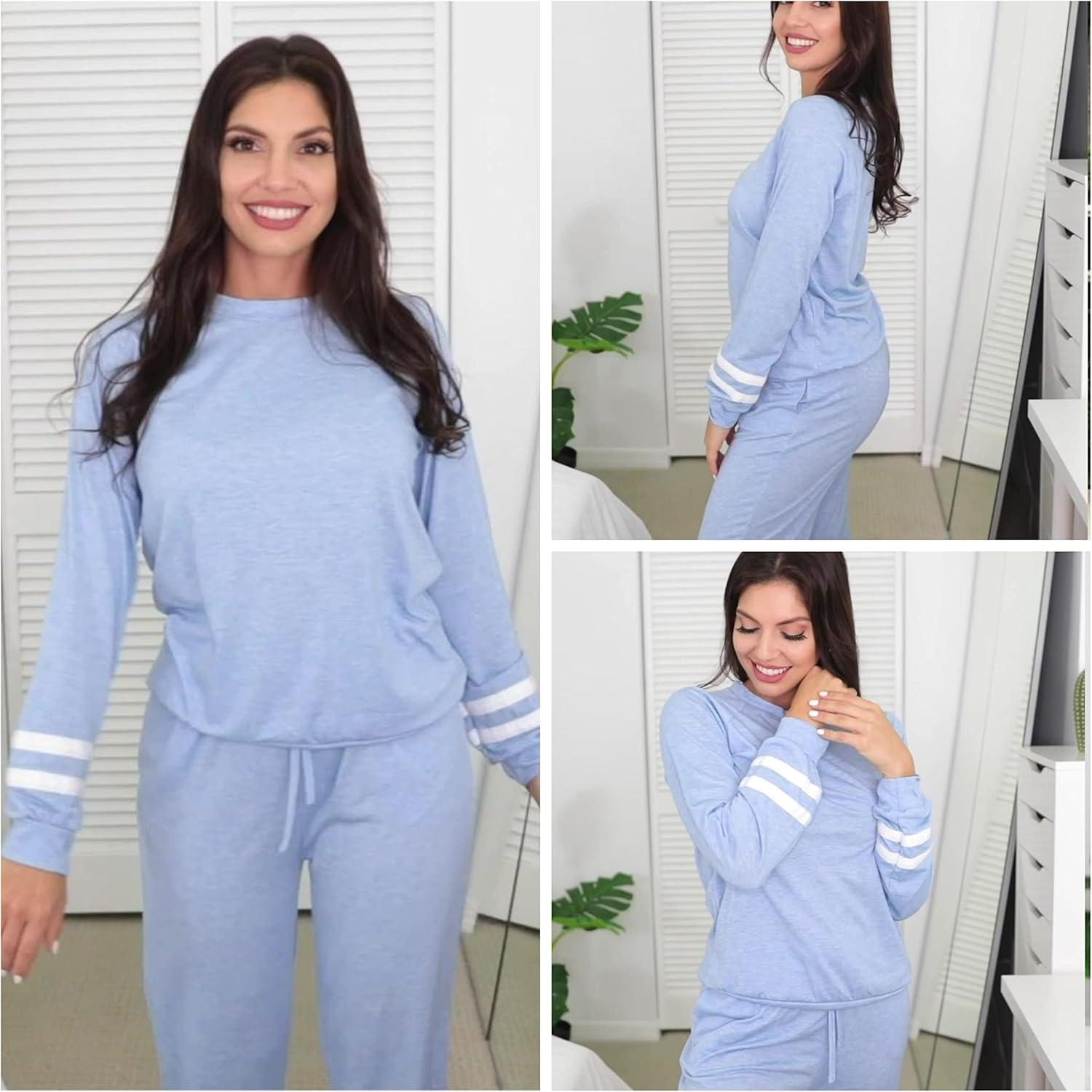 imageEkouaer Sweatsuits Womens Loungewear Set Tracksuit Long Sleeve Pajamas Set with Pockets 2 Piece Outfits Lounge SetsClear Blue