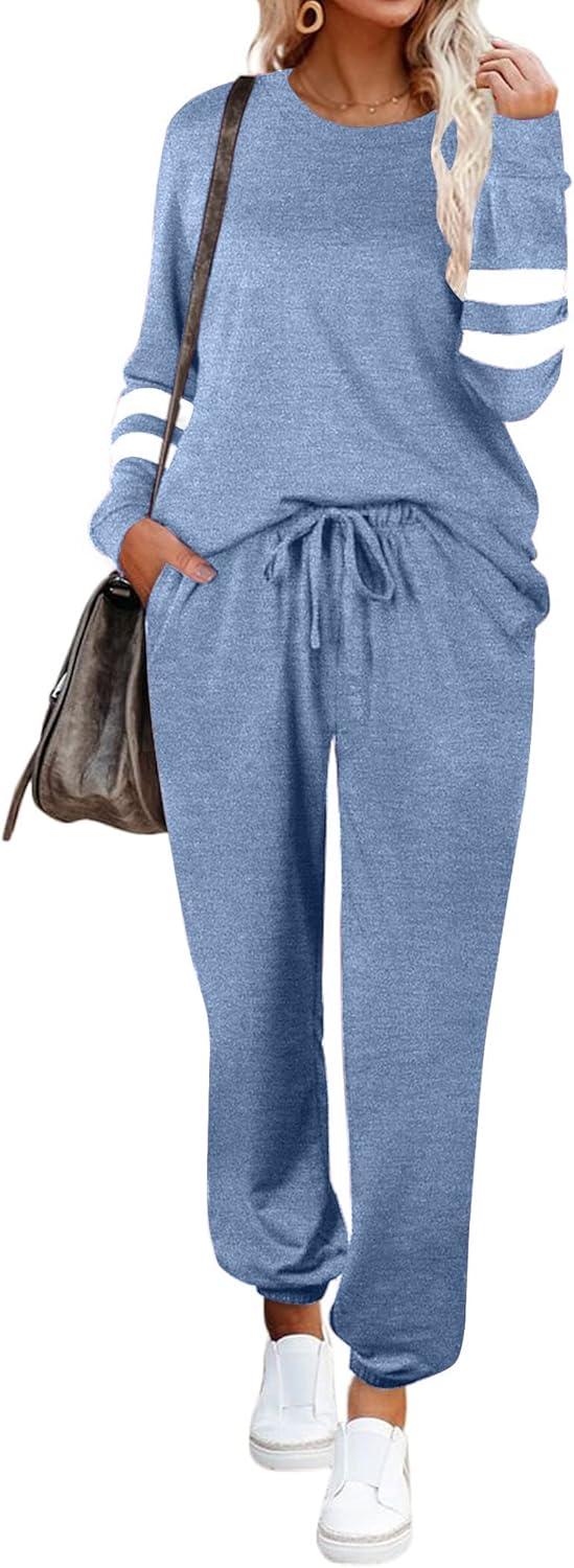 imageEkouaer Sweatsuits Womens Loungewear Set Tracksuit Long Sleeve Pajamas Set with Pockets 2 Piece Outfits Lounge SetsClear Blue