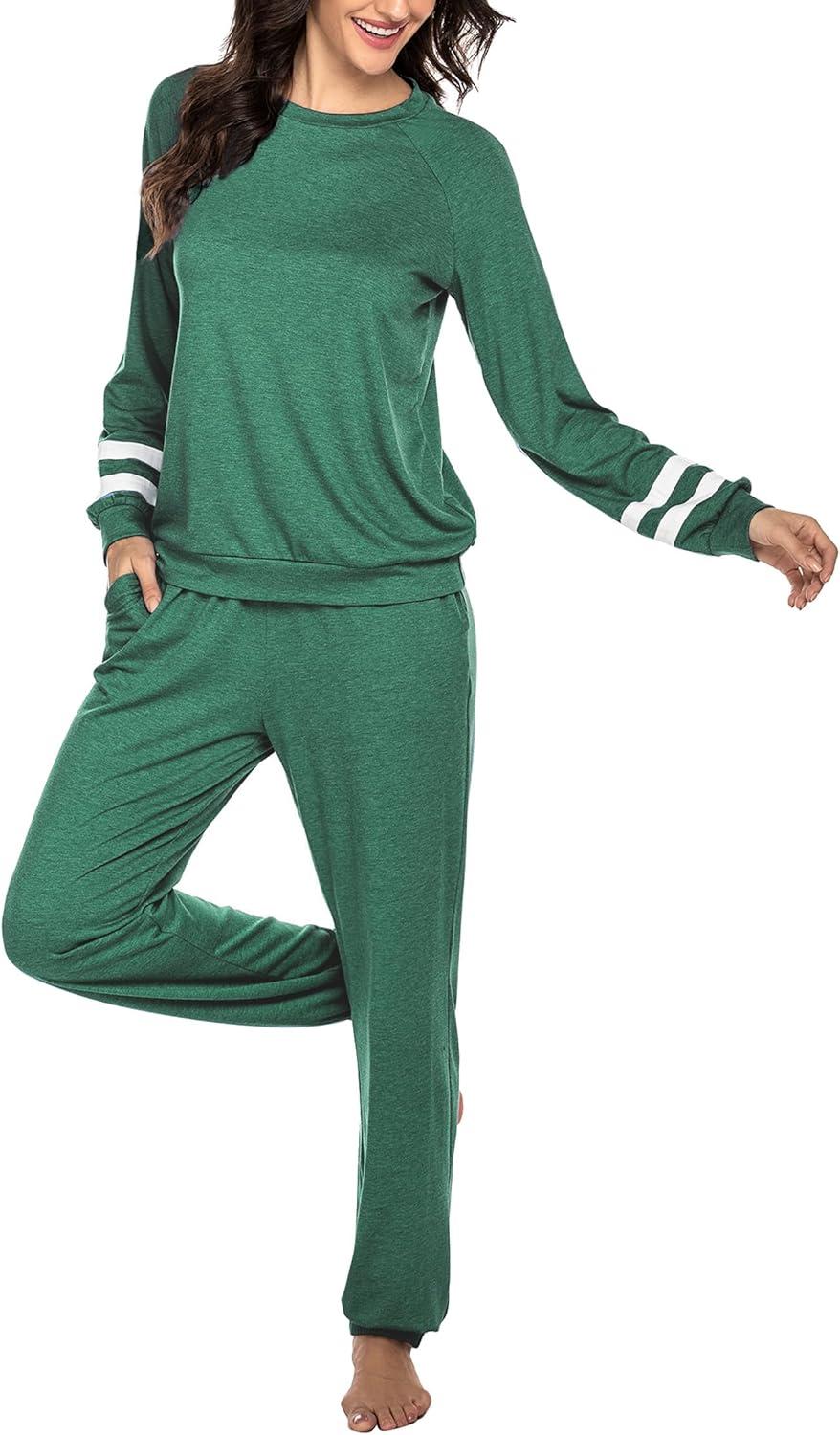 imageEkouaer Sweatsuits Womens Loungewear Set Tracksuit Long Sleeve Pajamas Set with Pockets 2 Piece Outfits Lounge SetsDark Green