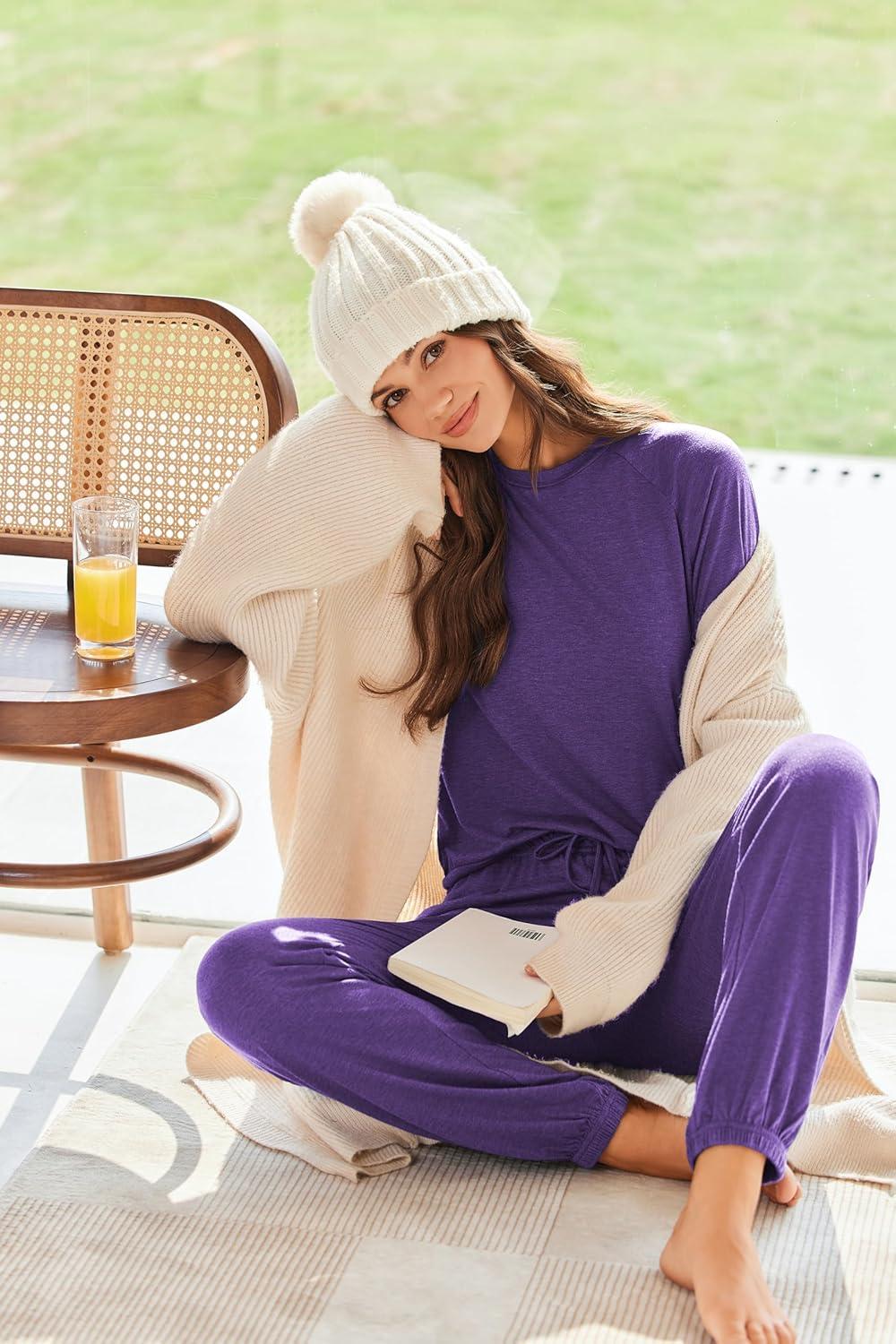 imageEkouaer Sweatsuits Womens Loungewear Set Tracksuit Long Sleeve Pajamas Set with Pockets 2 Piece Outfits Lounge SetsDeep Purple