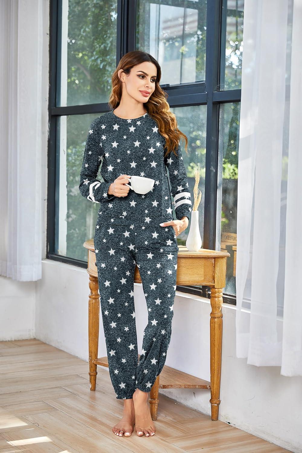 imageEkouaer Sweatsuits Womens Loungewear Set Tracksuit Long Sleeve Pajamas Set with Pockets 2 Piece Outfits Lounge SetsGrey Stars