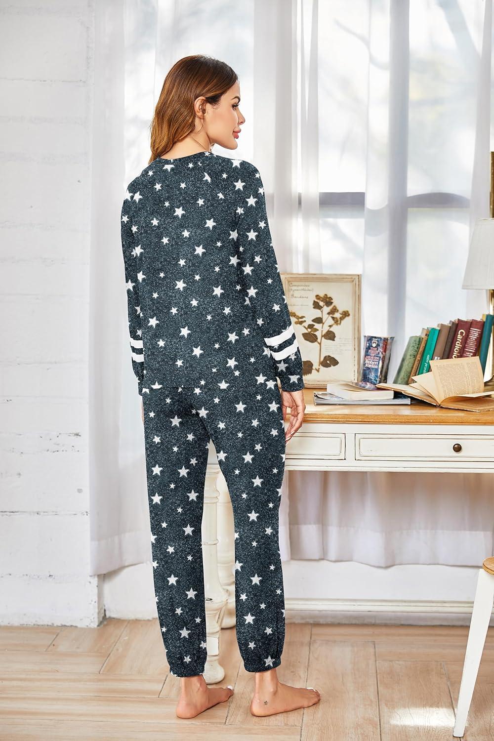imageEkouaer Sweatsuits Womens Loungewear Set Tracksuit Long Sleeve Pajamas Set with Pockets 2 Piece Outfits Lounge SetsGrey Stars