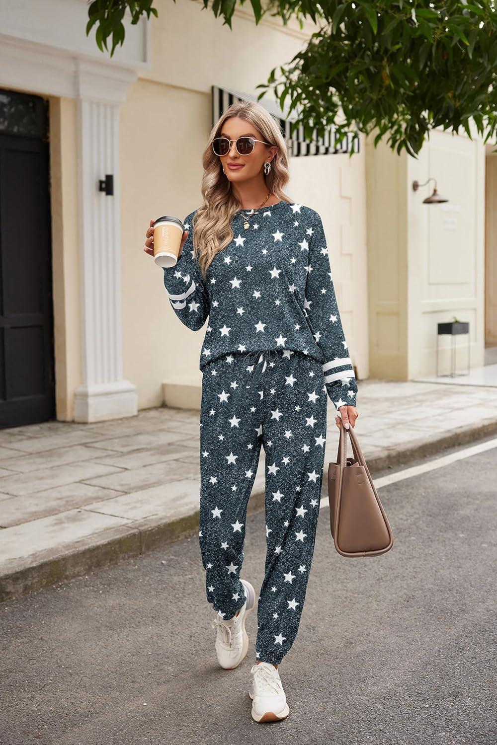 imageEkouaer Sweatsuits Womens Loungewear Set Tracksuit Long Sleeve Pajamas Set with Pockets 2 Piece Outfits Lounge SetsGrey Stars