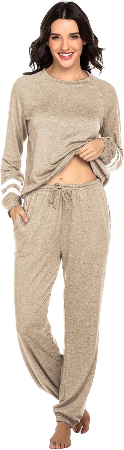 imageEkouaer Sweatsuits Womens Loungewear Set Tracksuit Long Sleeve Pajamas Set with Pockets 2 Piece Outfits Lounge SetsKhaki2