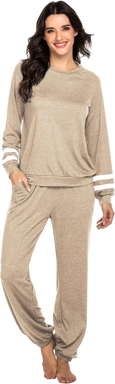 imageEkouaer Sweatsuits Womens Loungewear Set Tracksuit Long Sleeve Pajamas Set with Pockets 2 Piece Outfits Lounge SetsKhaki2