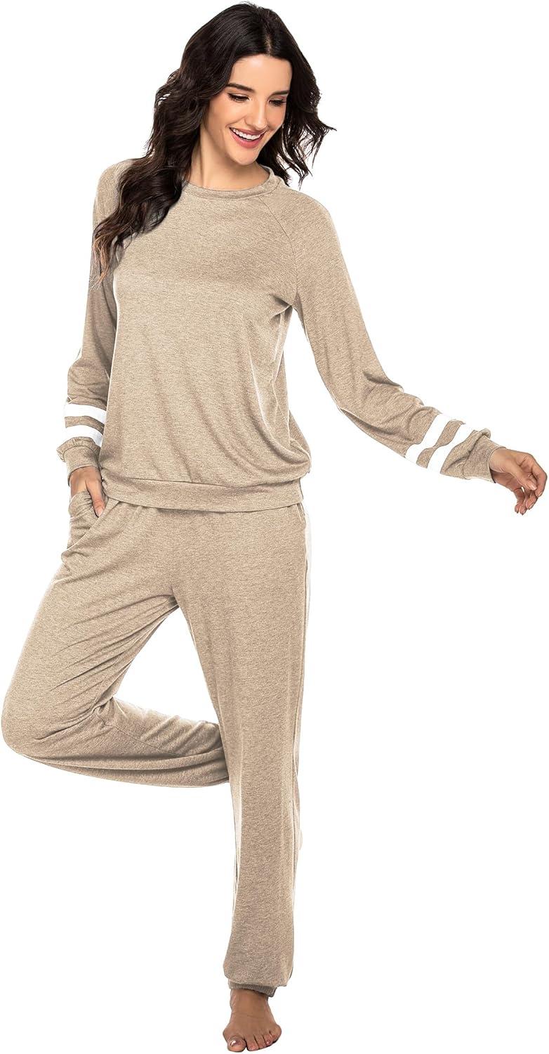 imageEkouaer Sweatsuits Womens Loungewear Set Tracksuit Long Sleeve Pajamas Set with Pockets 2 Piece Outfits Lounge SetsKhaki2