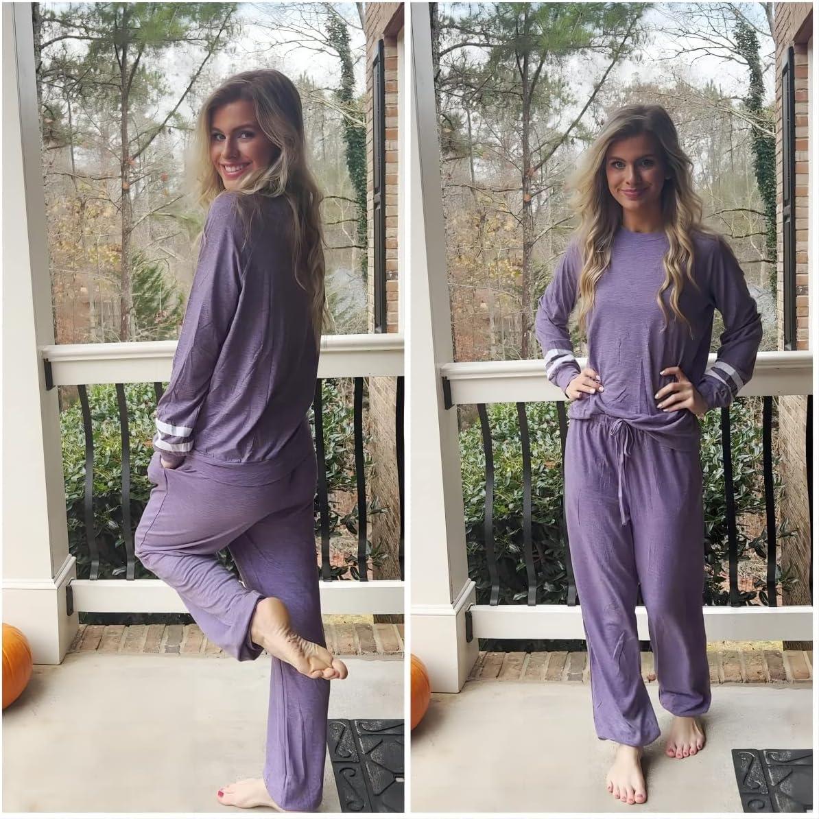 imageEkouaer Sweatsuits Womens Loungewear Set Tracksuit Long Sleeve Pajamas Set with Pockets 2 Piece Outfits Lounge SetsLight Purple