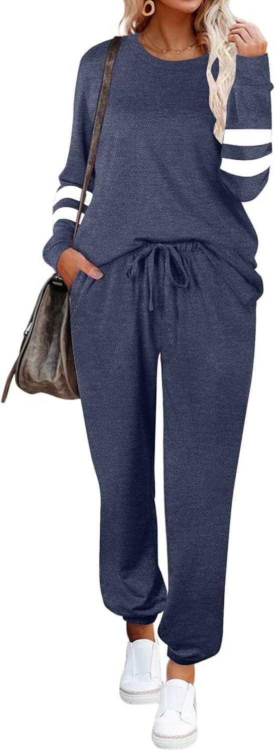 imageEkouaer Sweatsuits Womens Loungewear Set Tracksuit Long Sleeve Pajamas Set with Pockets 2 Piece Outfits Lounge SetsNavy Blue