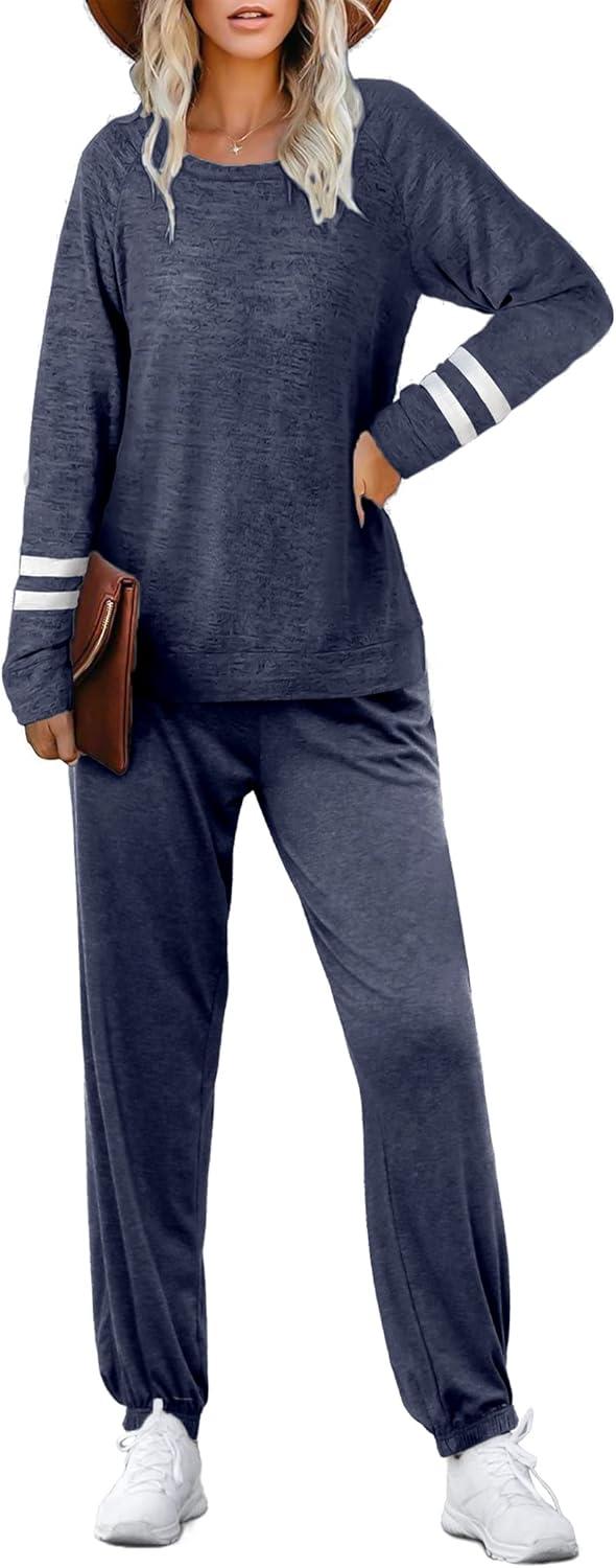 imageEkouaer Sweatsuits Womens Loungewear Set Tracksuit Long Sleeve Pajamas Set with Pockets 2 Piece Outfits Lounge SetsNavy Blue