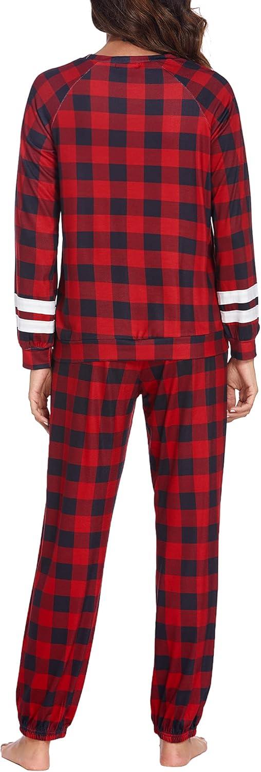 imageEkouaer Sweatsuits Womens Loungewear Set Tracksuit Long Sleeve Pajamas Set with Pockets 2 Piece Outfits Lounge SetsPlaid Black Red