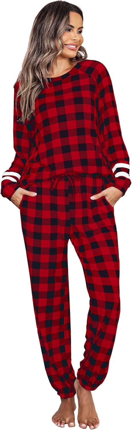 imageEkouaer Sweatsuits Womens Loungewear Set Tracksuit Long Sleeve Pajamas Set with Pockets 2 Piece Outfits Lounge SetsPlaid Black Red