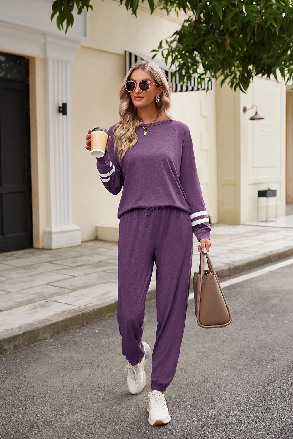 imageEkouaer Sweatsuits Womens Loungewear Set Tracksuit Long Sleeve Pajamas Set with Pockets 2 Piece Outfits Lounge SetsPurple