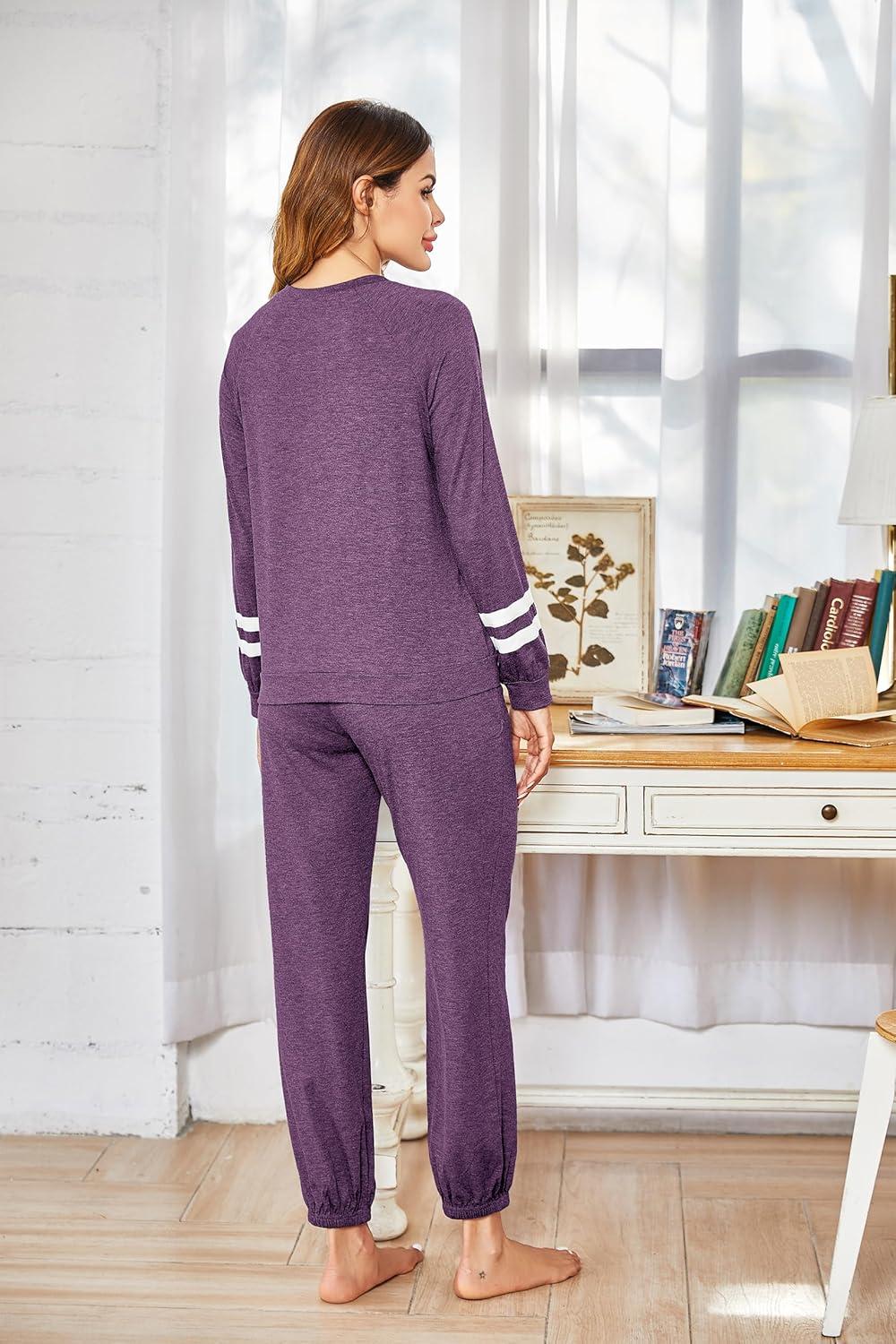 imageEkouaer Sweatsuits Womens Loungewear Set Tracksuit Long Sleeve Pajamas Set with Pockets 2 Piece Outfits Lounge SetsPurple