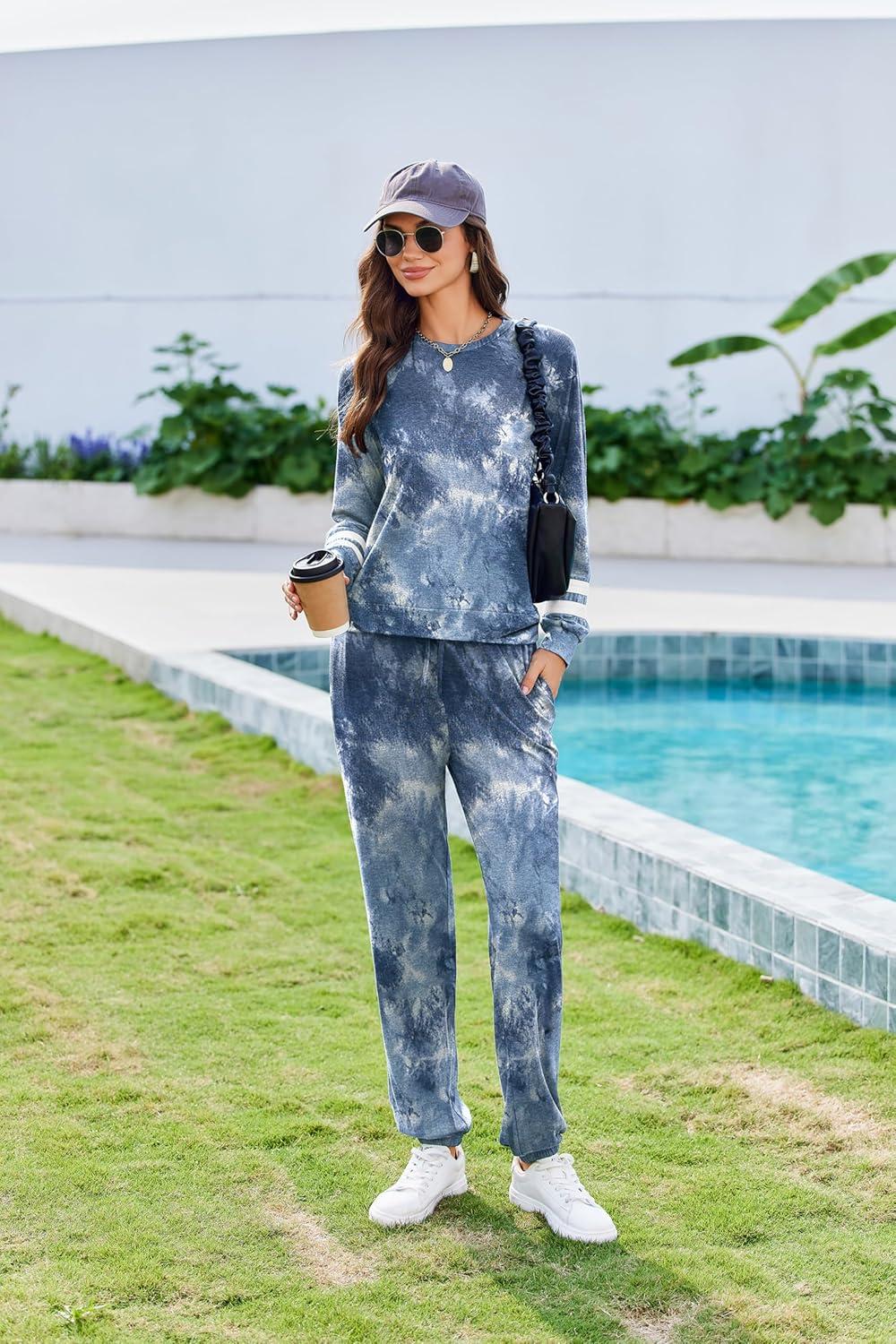imageEkouaer Sweatsuits Womens Loungewear Set Tracksuit Long Sleeve Pajamas Set with Pockets 2 Piece Outfits Lounge SetsTie Dye Navy Blue