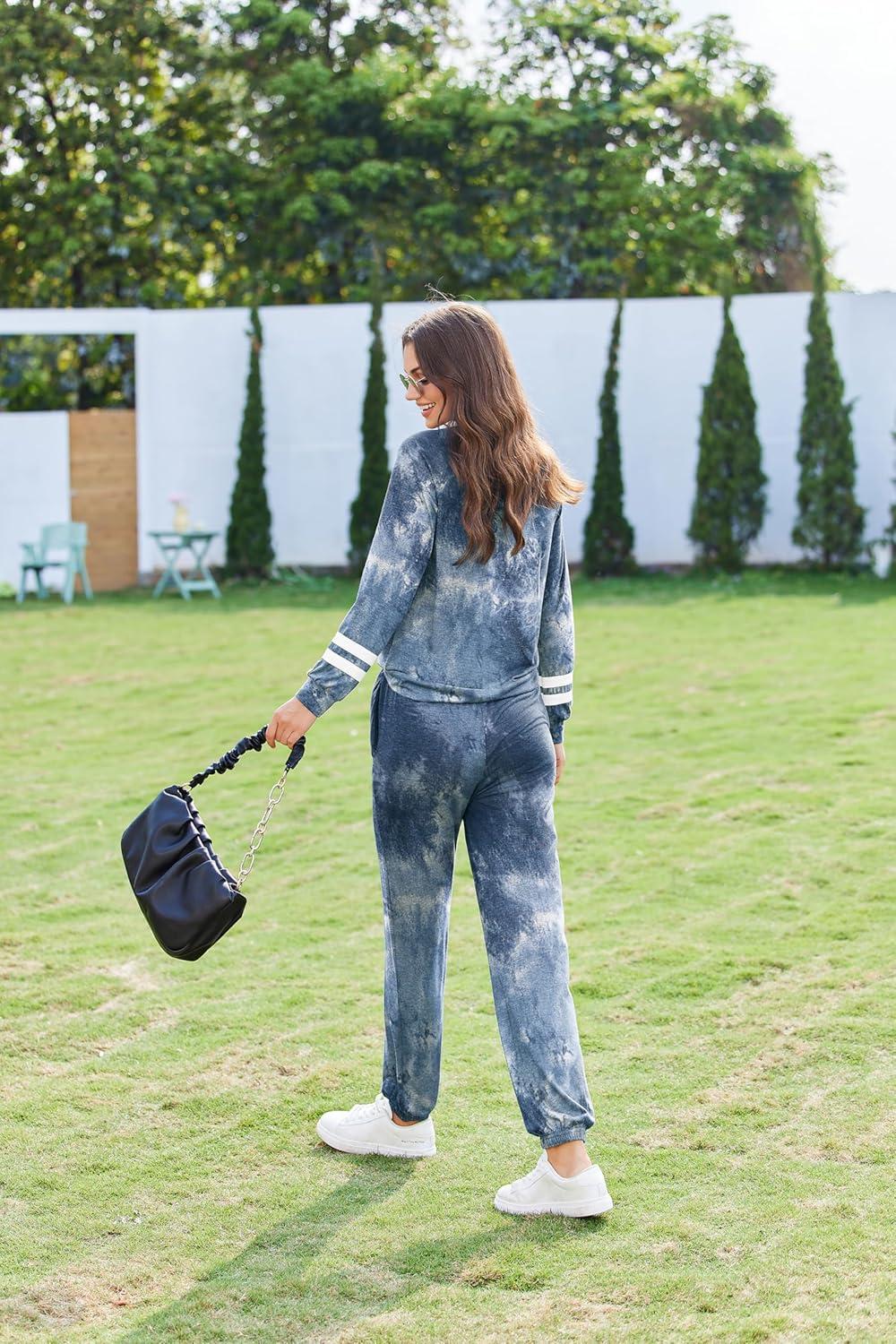 imageEkouaer Sweatsuits Womens Loungewear Set Tracksuit Long Sleeve Pajamas Set with Pockets 2 Piece Outfits Lounge SetsTie Dye Navy Blue