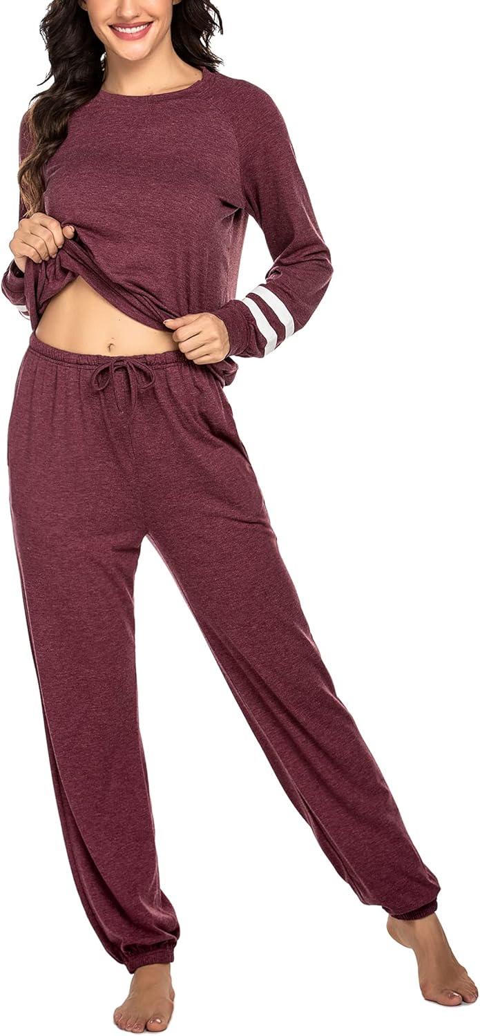imageEkouaer Sweatsuits Womens Loungewear Set Tracksuit Long Sleeve Pajamas Set with Pockets 2 Piece Outfits Lounge SetsWine Red