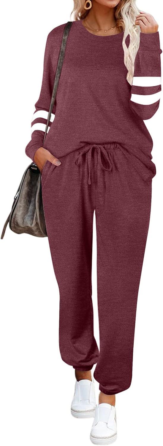 imageEkouaer Sweatsuits Womens Loungewear Set Tracksuit Long Sleeve Pajamas Set with Pockets 2 Piece Outfits Lounge SetsWine Red