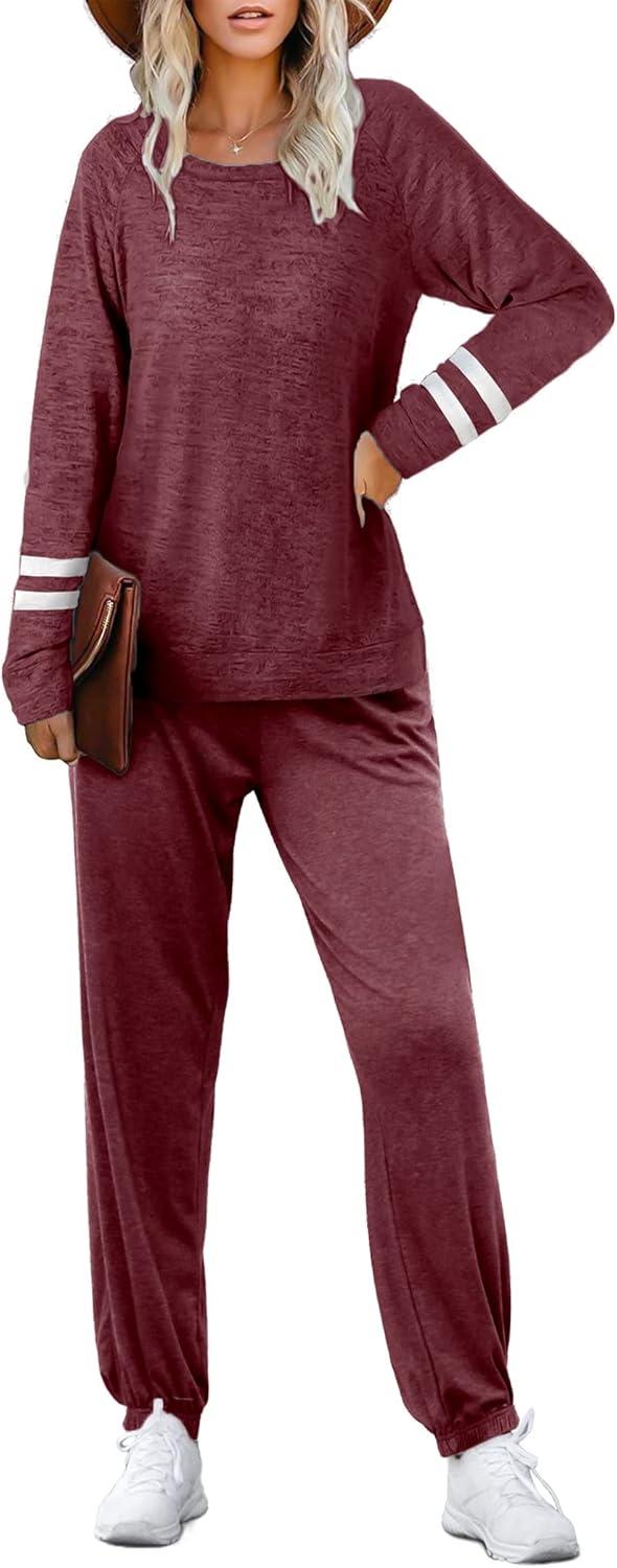 imageEkouaer Sweatsuits Womens Loungewear Set Tracksuit Long Sleeve Pajamas Set with Pockets 2 Piece Outfits Lounge SetsWine Red