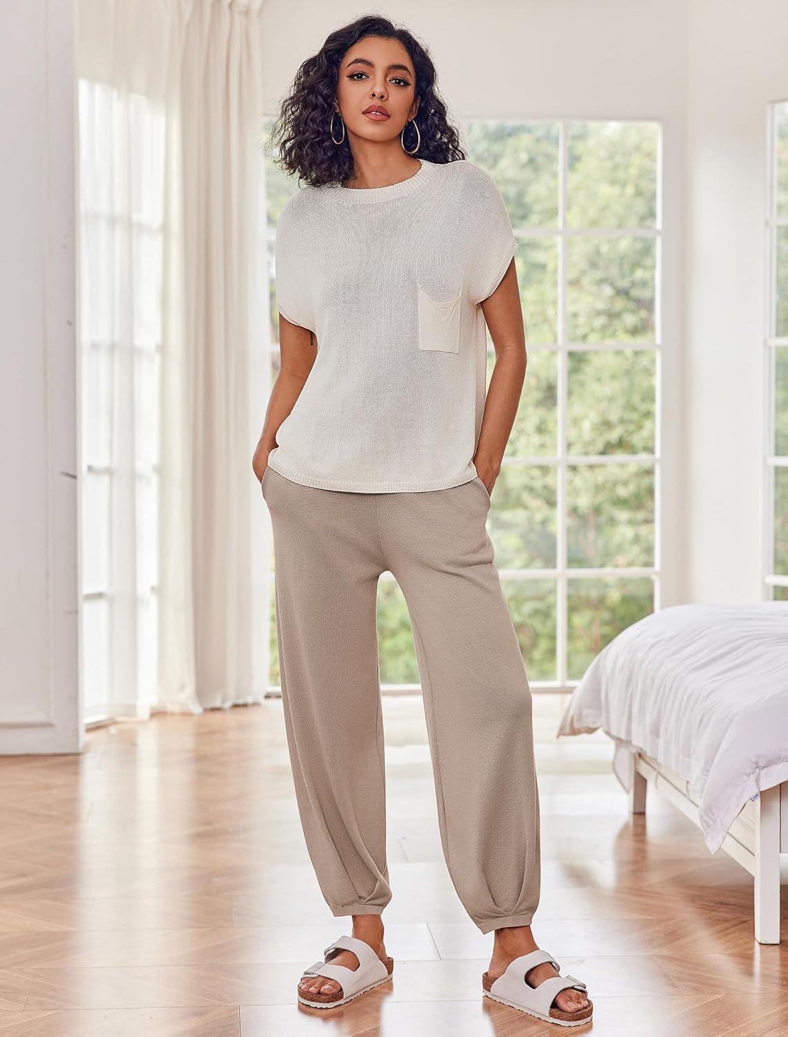 imageEkouaer Two Piece Outfits Lounge Sets for Women Sweater Sets Knit Short Sleeve Tops Jogger Pants Matching TracksuitBeige