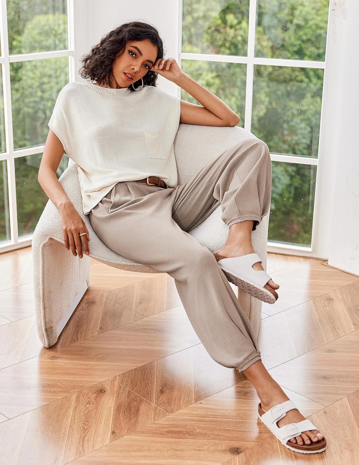imageEkouaer Two Piece Outfits Lounge Sets for Women Sweater Sets Knit Short Sleeve Tops Jogger Pants Matching TracksuitBeige