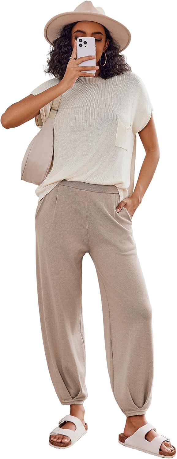 imageEkouaer Two Piece Outfits Lounge Sets for Women Sweater Sets Knit Short Sleeve Tops Jogger Pants Matching TracksuitBeige