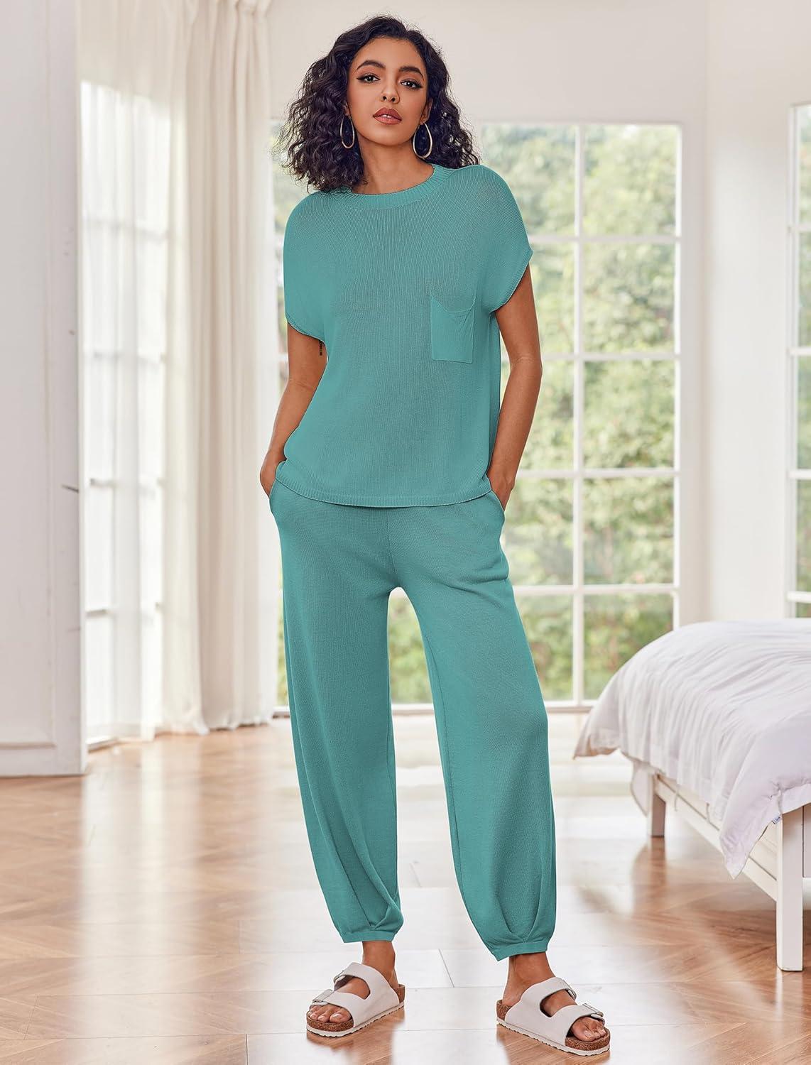 imageEkouaer Two Piece Outfits Lounge Sets for Women Sweater Sets Knit Short Sleeve Tops Jogger Pants Matching TracksuitBlue Green