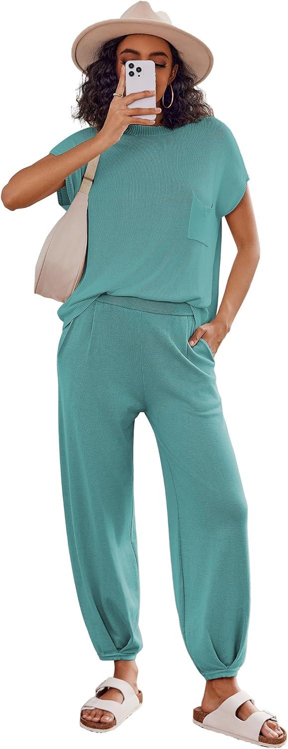 imageEkouaer Two Piece Outfits Lounge Sets for Women Sweater Sets Knit Short Sleeve Tops Jogger Pants Matching TracksuitBlue Green