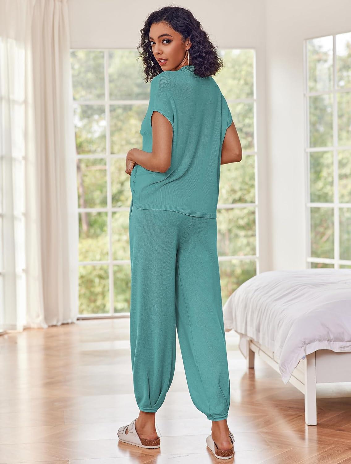 imageEkouaer Two Piece Outfits Lounge Sets for Women Sweater Sets Knit Short Sleeve Tops Jogger Pants Matching TracksuitBlue Green
