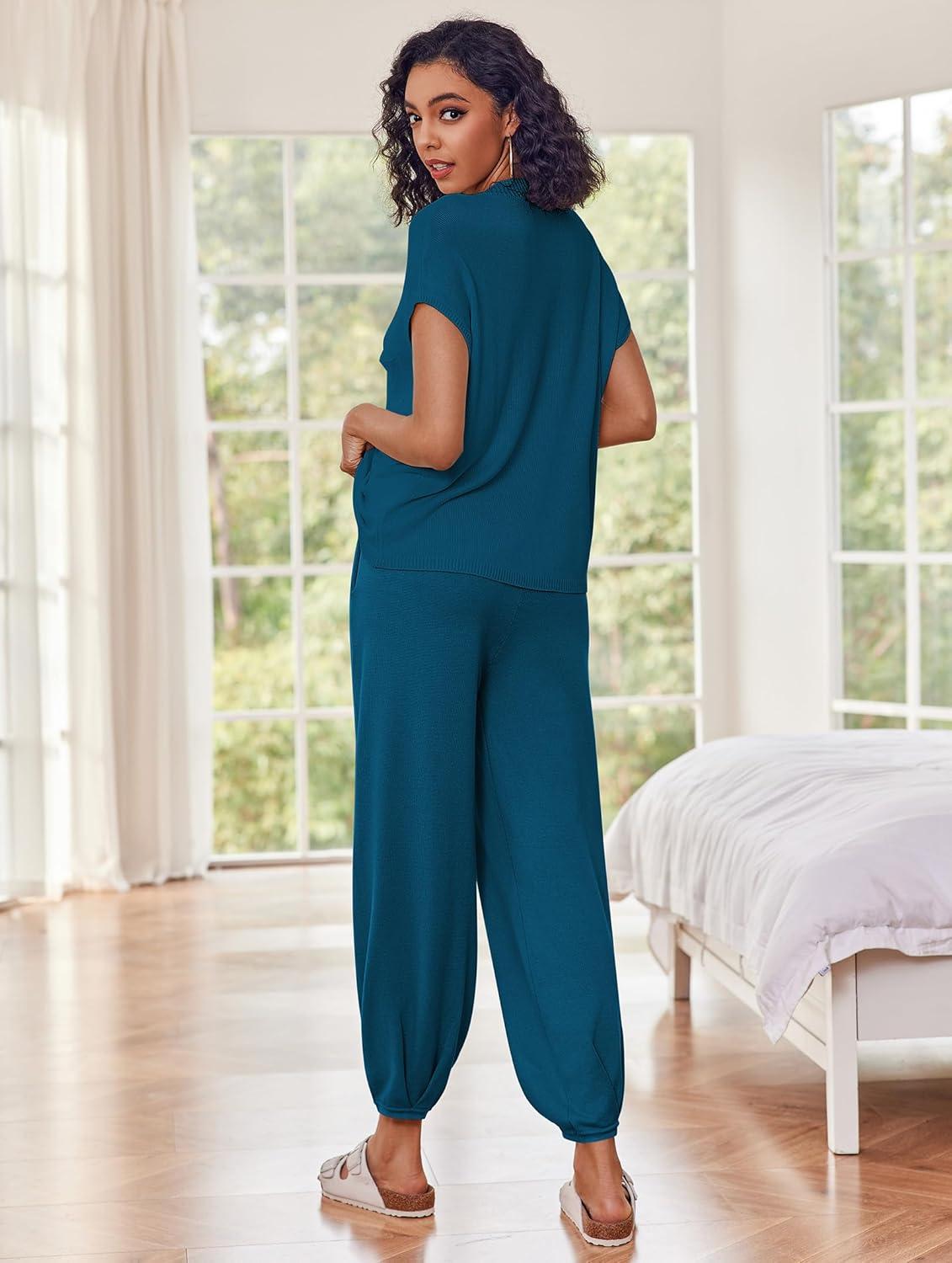 imageEkouaer Two Piece Outfits Lounge Sets for Women Sweater Sets Knit Short Sleeve Tops Jogger Pants Matching TracksuitDeep Blue