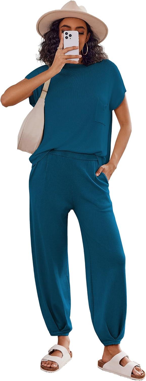 imageEkouaer Two Piece Outfits Lounge Sets for Women Sweater Sets Knit Short Sleeve Tops Jogger Pants Matching TracksuitDeep Blue