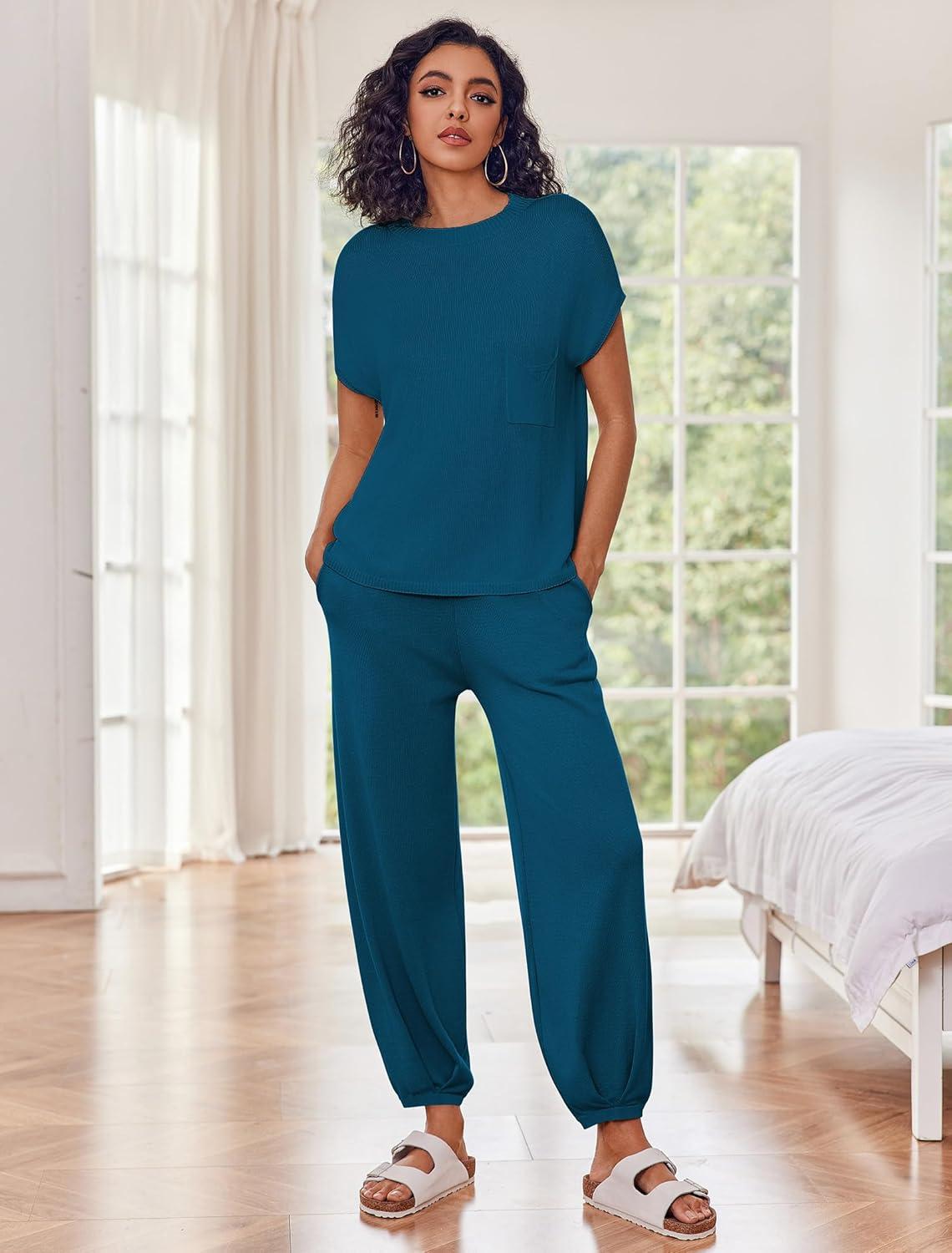 imageEkouaer Two Piece Outfits Lounge Sets for Women Sweater Sets Knit Short Sleeve Tops Jogger Pants Matching TracksuitDeep Blue
