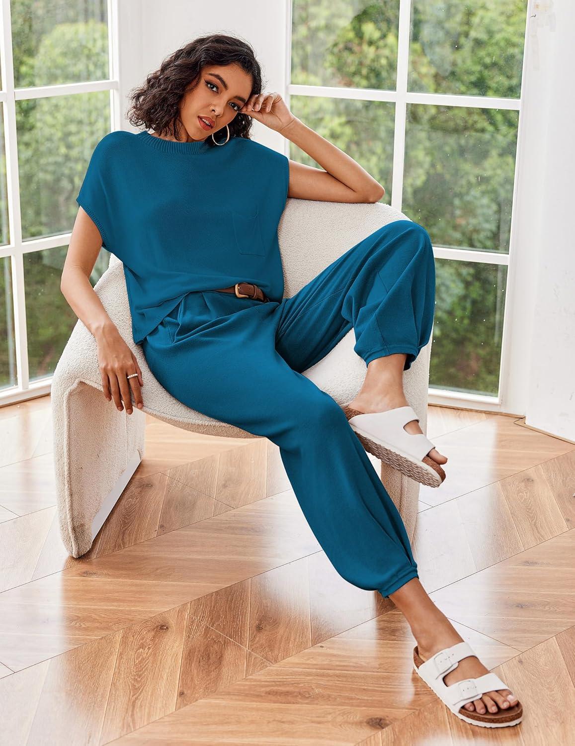 imageEkouaer Two Piece Outfits Lounge Sets for Women Sweater Sets Knit Short Sleeve Tops Jogger Pants Matching TracksuitDeep Blue
