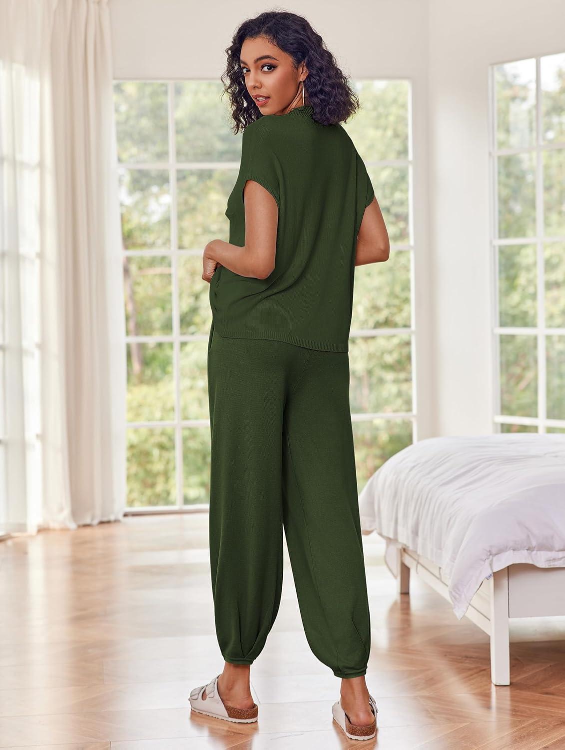 imageEkouaer Two Piece Outfits Lounge Sets for Women Sweater Sets Knit Short Sleeve Tops Jogger Pants Matching TracksuitGreen