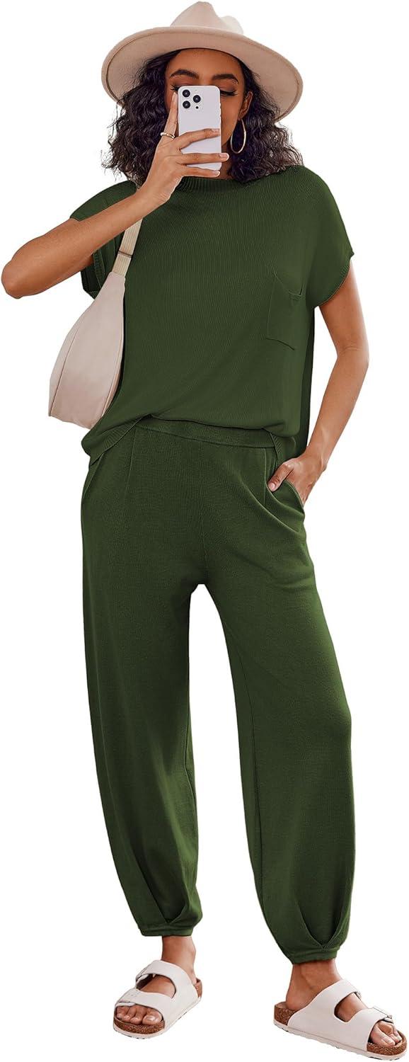 imageEkouaer Two Piece Outfits Lounge Sets for Women Sweater Sets Knit Short Sleeve Tops Jogger Pants Matching TracksuitGreen