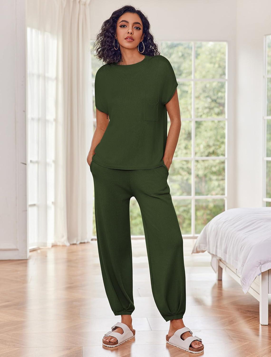 imageEkouaer Two Piece Outfits Lounge Sets for Women Sweater Sets Knit Short Sleeve Tops Jogger Pants Matching TracksuitGreen