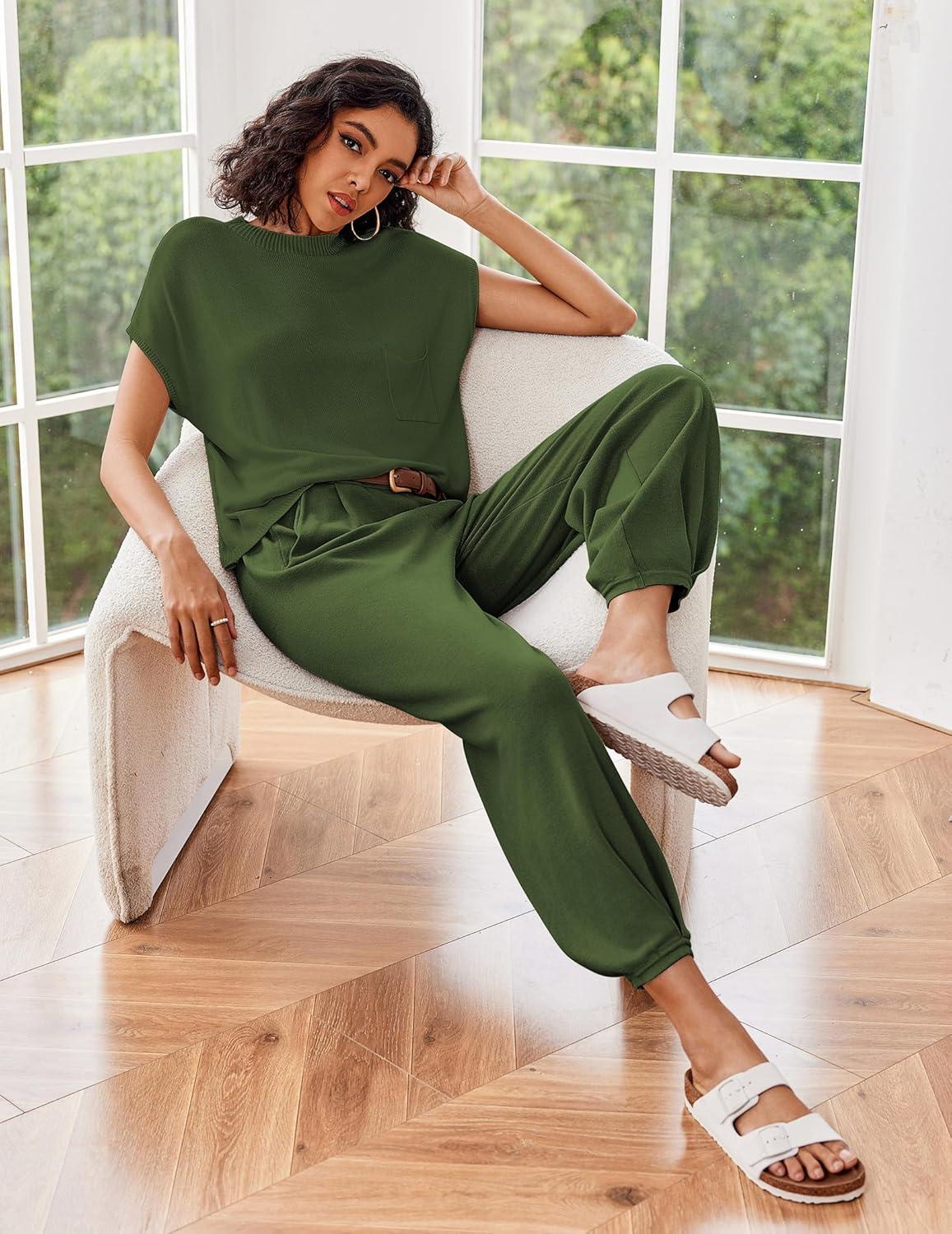 imageEkouaer Two Piece Outfits Lounge Sets for Women Sweater Sets Knit Short Sleeve Tops Jogger Pants Matching TracksuitGreen