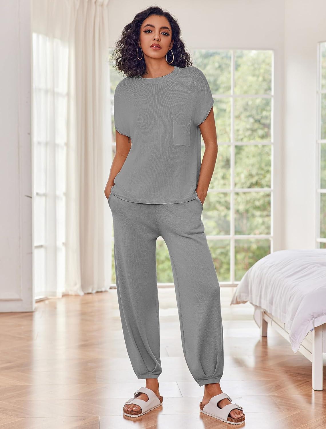 imageEkouaer Two Piece Outfits Lounge Sets for Women Sweater Sets Knit Short Sleeve Tops Jogger Pants Matching TracksuitGrey