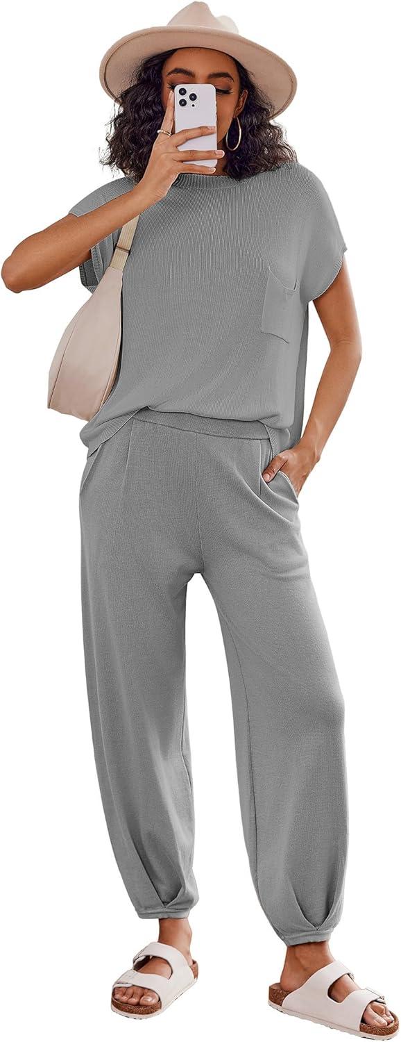 imageEkouaer Two Piece Outfits Lounge Sets for Women Sweater Sets Knit Short Sleeve Tops Jogger Pants Matching TracksuitGrey