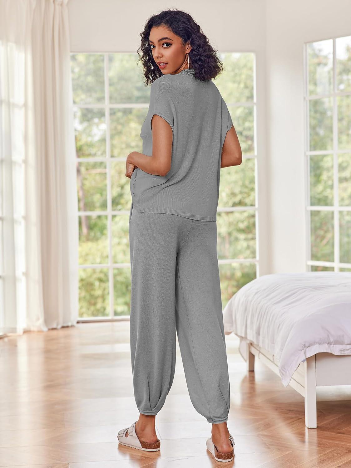 imageEkouaer Two Piece Outfits Lounge Sets for Women Sweater Sets Knit Short Sleeve Tops Jogger Pants Matching TracksuitGrey